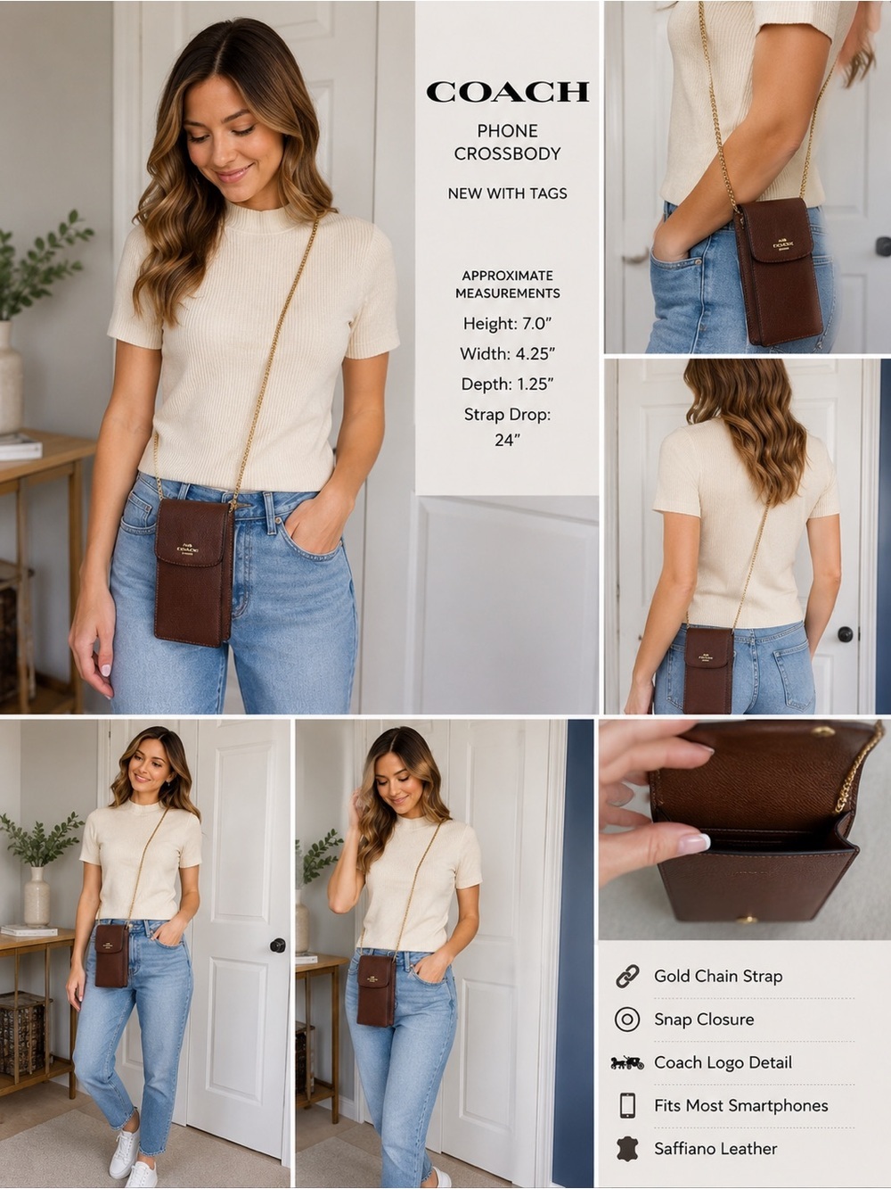 Coach Brown Leather Phone Crossbody Purse Fits iPhone 16 Pro Max Gold Chain NWT